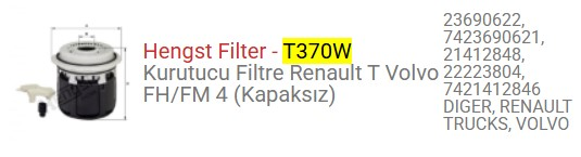 HAVA KURUTUCU KARTUS FILTRE RENO T VOLVO FH V-4 KAPAKSIZ 23690622-21412848 7423690621